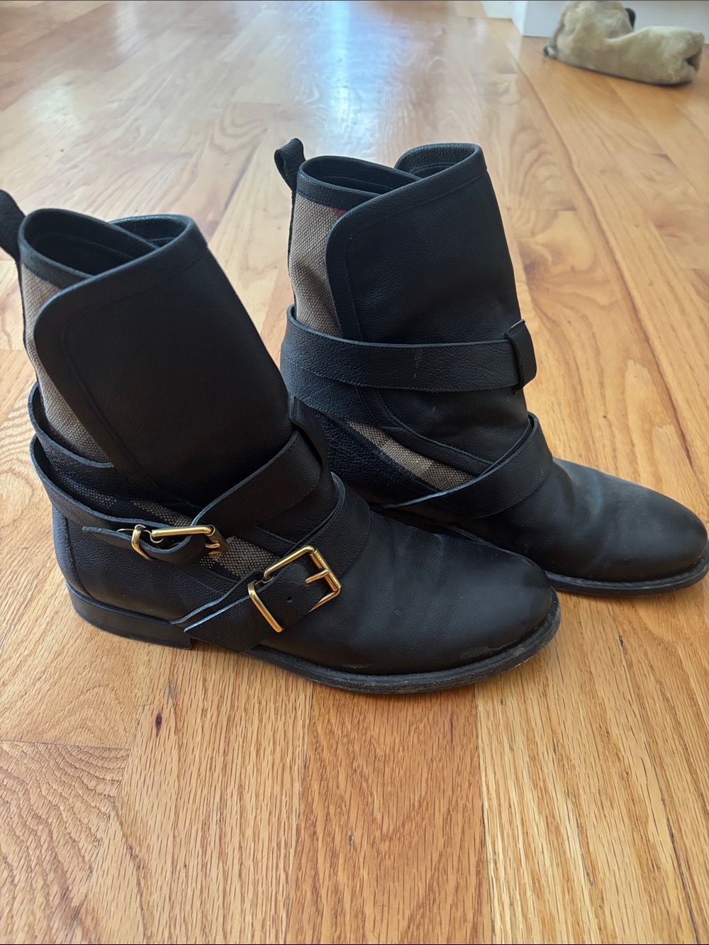 Women's Black Leather Ankle Boots with Gold Buckles Burberry